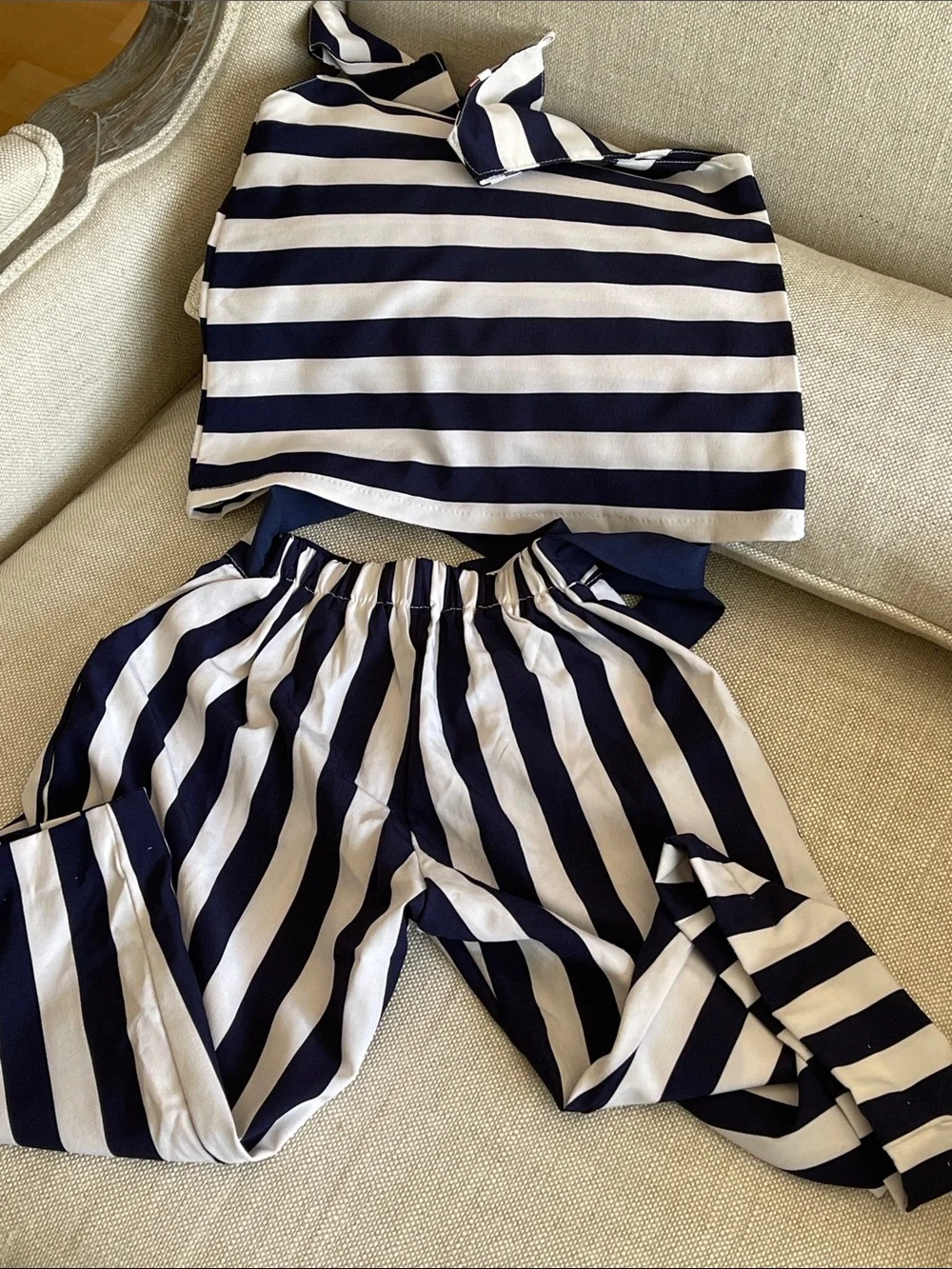Wide pants Navy and White Striped Two-Piece Set coastal summer resort